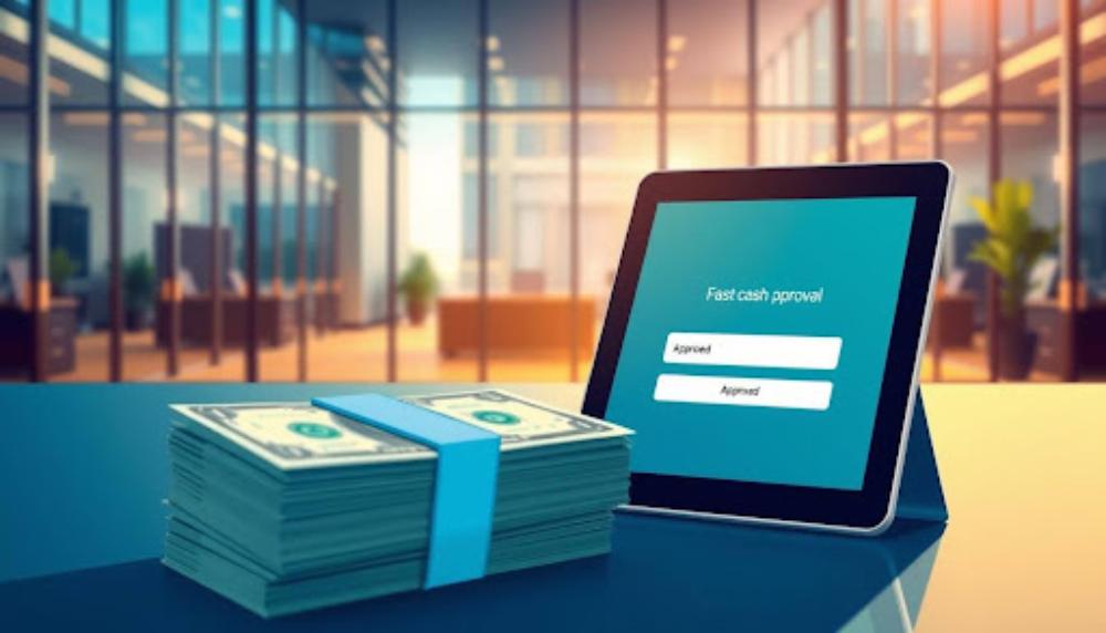 A stack of cash placed next to a digital tablet on a desk in a modern office. The tablet screen displays a 'Fast cash approval' message with two buttons labeled 'Approved'. Sunlight streams through large glass windows in the background, creating a professional and financial setting.